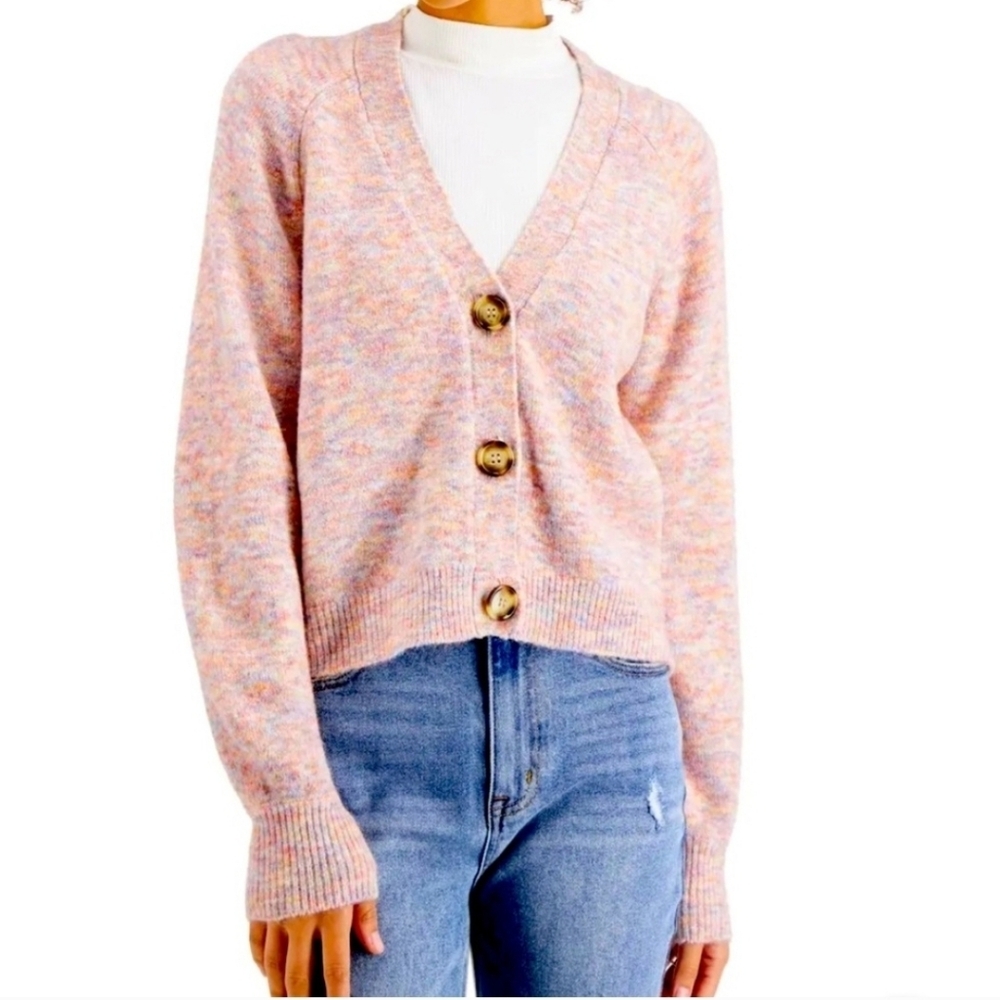 Hooked Up Pink Space Dyed Cropped Vneck Cardigan‎ Womens  Size Small Multi Color